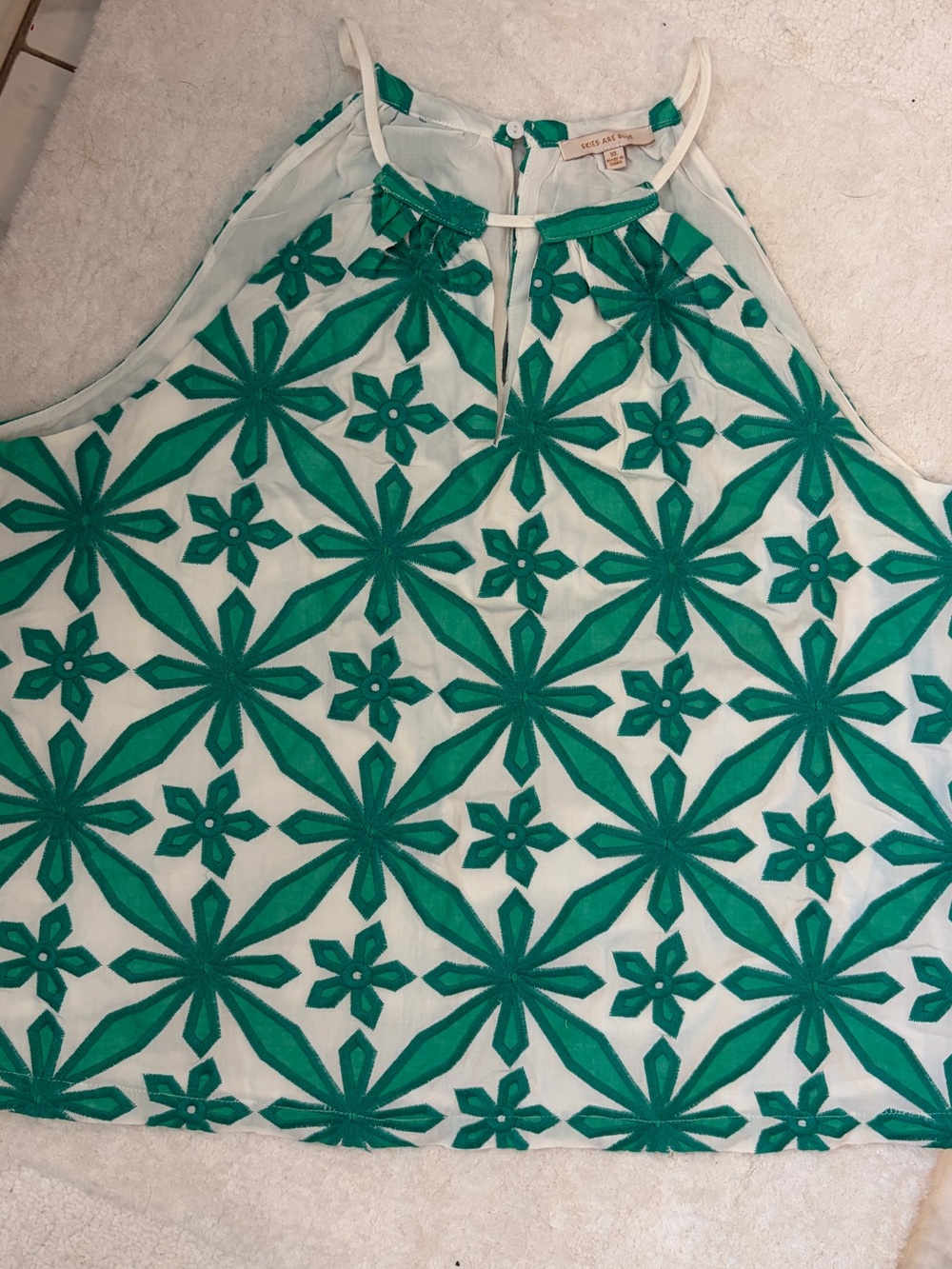 Skies Are Blue White Halter Top with Green Floral Embroidery